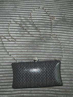 Black & White Polka Dot Rhinestone Clutch Evening Bag Silver Chain